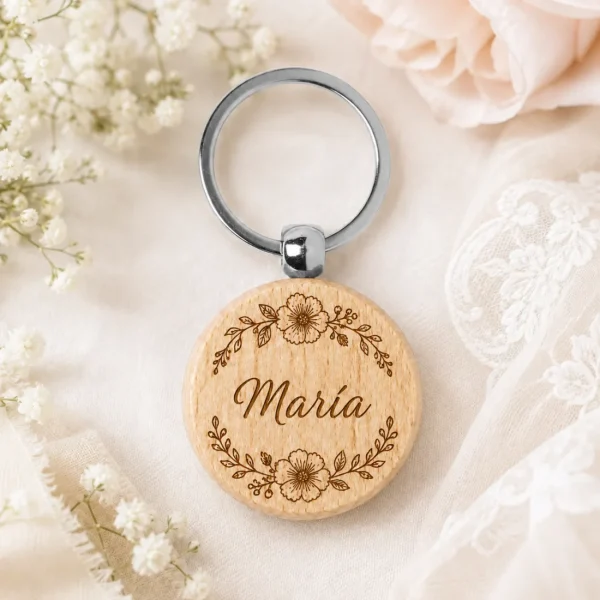 llavero redondo madera boda